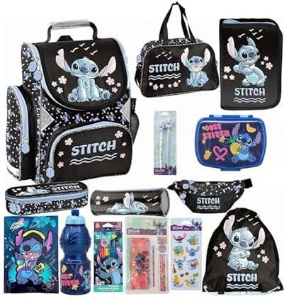 PASO - Schulranzen für Jungen und Mädchen, 14er-Set - Schul-Rucksack für Kinder mit Federmäppchen - Schuhbeutel Trinkflasche und Brotdose - Stitch Motiv- 1-3 Klasse