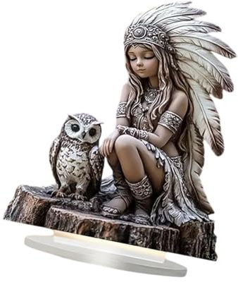 jojomis Indisches Mädchen, Eulenstatue, Indianer-Figur, Acryl, Heimdekoration, Sammlerstück, Skulptur für Kamin, Urlaub, Innen- und Außenbereich, 17 x 20 cm