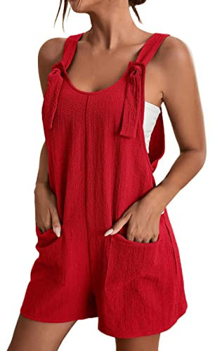 Salopette Donna Estiva, Salopette Donna Estiva Corta - Jumpsuit Elegante con Tasche, Spalline Regolabili e Fiocco - Tuta omoda e Stilosa in Tessuto Morbido - Abbigliamento Femminile Rosso M