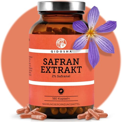 QIDOSHA® Premium Safran Extrakt, 180 Kapseln im Apothekerglas, 30mg je Kapsel mit 2% Safranal, gewonnen aus den Stigmen marokkanischer Safran-Blüten