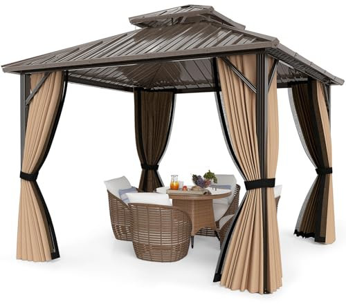 COSTWAY 3m x 3m Hardtop Garden Gazebo, Outdoor Double Roof Patio Pavilion Tent with Sidewalls, Heavy Duty Waterproof Marquee Canopy Shelter Pergola for Patio Party BBQ