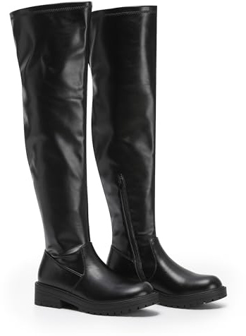 VIVASHOES Women's Black Over The Knee High Flat Riding Boots Stretch – Faux Leather Winter Booties for Women, Slip-Resistant Chunky Sole, Low Heel Comfort Shoes – Stylish Everyday Tall Boots