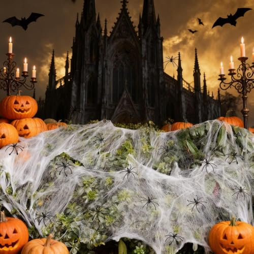 HERKINDNESS Spinnennetz Deko, 200g Weiße Dehnbare Spinnennetze und 60 Stück Schwarze Künstliche Halloween Spinnen, Halloween-Dekoration, für Dekoration Garten, Türen, Fenstern und Kaminen