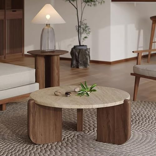 TY&WJ Faux Marble Round Coffee Table with Wood Legs,Modern Grey Center Table for Living Room Apartment Side Table for Office,A,60x60x40cm(24x24x16inch)
