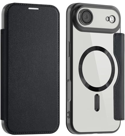 Unichthy Magnetic Phone Case for iPhone Air Flip Clear Cover，Black | Strong Magnetic Attachment, RFID Blocking Card Holder, Shockproof PU Leather TPU Back, Individual Protection for Each Lens