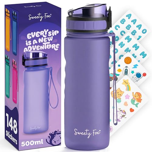 Sweety Fox - Borraccia per Bambini - a Prova di Perdite - 500 ml | Borraccia Acqua Lavabile in Lavastoviglie per Asilo, Scuola, Sport · Viola