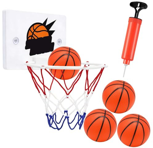 Mini panier de basket d'intérieur - Panier de basket-ball dans la chambre - Montage mural avec 4 mini balles, mini ballon de basketball avec pompe à air - Pour activités en intérieur, bureau, idée
