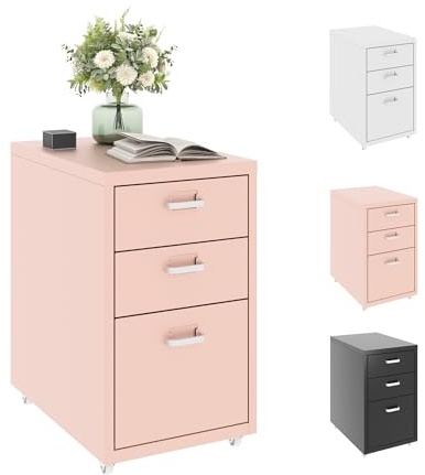 FLEXISPOT Mobile File Cabinet with 3 Drawers, Rolling Filing Cabinet with Wheels,Under Desk Office Storage for Home & Office (Pink)