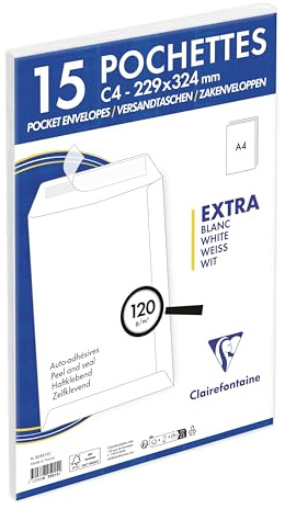 Clairefontaine 825015C - Packung mit 15 Versandtaschen weiß C4-229x324 mm, selbstklebend, 120g, 1 Pack