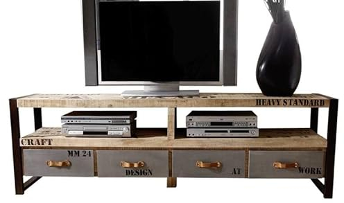 Meuble TV 196x40cm - Bois Massif de manguier Brut - Fer et Bois imprimé - Factory #130