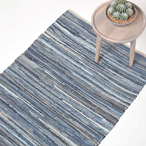 Homescapes Denim-Teppich 90x150 cm, blau gestreifter Flickenteppich handgewebt aus recyceltem Jeansstoff, Chindi-Stil, Flachgewebe, jedes Exemplar EIN Unikat