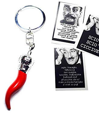 artigianale Handwerkskunst 2 Schlüsselanhänger mit 1 Horn 4 cm aus Metall und Emaille, 1 Karte Toto' Fortuna Frase in Sorpresa, gobbo Mano Horn Amuleto Horn Charms Lucky gobbo Napoli