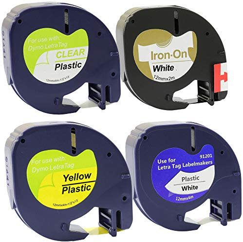 4X Compatible with LetraTag Black on White/Transparent/Yellow Plastic 12mm x 4m & Iron-On Fabric 12mm x 2m Label Tapes for LetraTag LT-100H LT-100T LT-110T QX 50 XR XM 2000 Plus