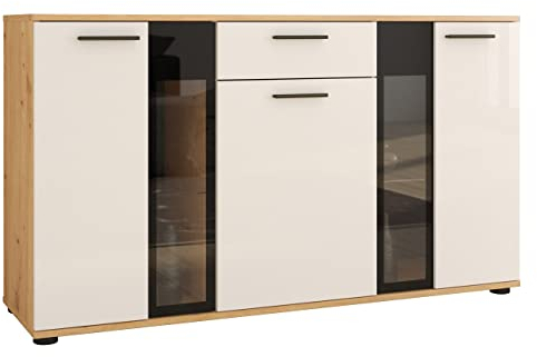Mirjan24 Kommode Salsa Anrichte Highboard Sideboard Schrank Naturtöne Mehrzweckschrank Wohnzimmerschrank, Anrichte (mit Blauer LED Beleuchtung, Eiche Artisan/Weiß)