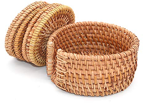 POFET Lot de 6 dessous de verre en rotin tissé à la main pour tasse de thé, assiette de base isolante, pour salle à manger - Accessoires avec support (rotin, 8 cm de diamètre)