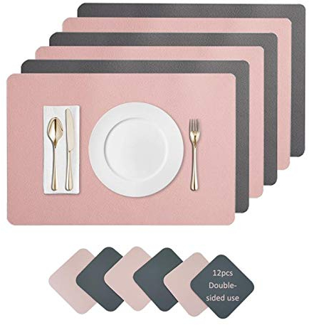 Placemats And Coaster Sets 6, Waterproof Non-Slip Place Mats Set Of 6 And Double Thickened Dining Table Mats, Washable Leather Coasters and Placemats for Dining Table (Pink dark gray)