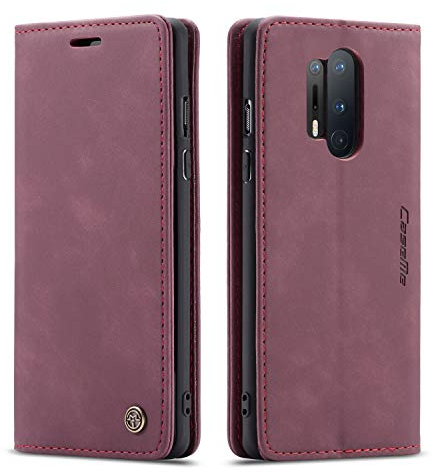 mvced Handyhülle Kompatibel mit OnePlus 8 Pro,Premium Leder Flip Case Schutzhülle mit Standfunktion,Wein rot
