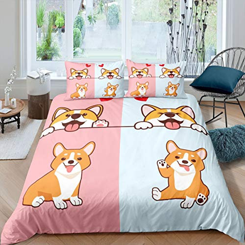 feelingyou Kinder Cartoon Hund Bettwäsche-Set Lächelndes Hündchen Corgi Faily Pet Bettwäsche Set 200x200cm Pink Blue Bottom Betten Set für Kinder Jungen Mädchen Teenager 3St.Reißverschluss Mikrofaser