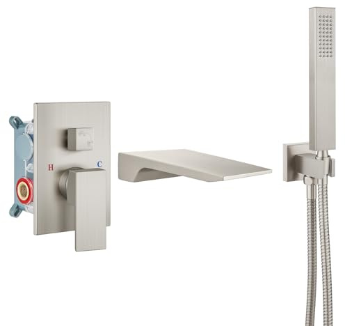 Airuida Brushed Nickel Bathtub Faucet Wall Mount Tub Filler with Handheld | Wall Mount Tub Faucets,Waterfall Straight Spout, Single-Handle Control, Rough-in Valve Included