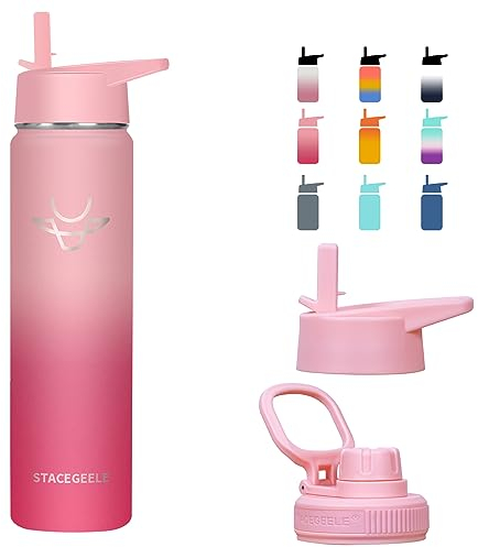 STACEGEELE Insulated Vacuum Water Bottle with Straw Lid Stainless Steel Flask Thermos Leak Proof Lightweight Eco Friendly 24oz