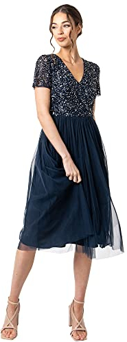 Maya Deluxe Damen Midi-Kleid mit V-Ausschnitt, Verziert Brautjungfernkleid, Navy, 46
