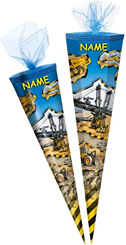 alles-meine.de GmbH Schultüte - Baustelle/Bagger Tagebau 50-85 cm Größe wählbar inkl. Name - Zuckertüte - Tüllabschluß - eckig/rund - Jungen - klein & groß - Geschenk..