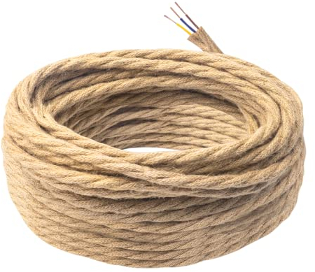 DiCUNO 20 Metros de cable eléctrico vintage para iluminación, cable de 3 conductores con PE, 3x0.75mm², Hilo eléctrico trenzado retro flexible de lino para lámparas colgantes, accesorios y bricolaje