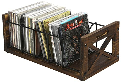 FARM IN CD Storage Holder, 5-Slot Farmhouse Industrial CD & DVD Storage Rack with Handles, Barn Door “X-Cross” Design, Rustic Solid Burnt Wood and Black Metal Wire