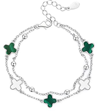 Armband Damen Vierblättriges Kleeblatt S925 Sterling Silber Rosegold Armkette Verstellbar Kleeblatt armbänder Malachit Armbändchen Valentinstag Muttertag Weihnachten Geschenk für Frauen