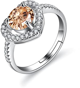 Bellitia Jewelry Damen Verstellbarer Ring Herz aus 925 Sterling Silber für Frauen Mädchen, Ring Damen Herz Symbol Verlobung mit 1ct Champagne Diamant