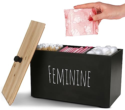 Bliss by Home Tamponhalter Aufbewahrung für Badezimmer, weibliche Holzbehälter, Frauen-Produkt-Organizer, Bauernhaus-Dekor, Pad-Aufbewahrungsbehälter, rustikales Zubehör (schwarz)