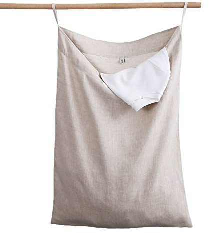 Amazhiyu Hänge Wäschesack 100% Leinen, Platzsparend Wäschebeutel, Tür Hängend Wäschesammler, Hängende Wäschekorb Tasche für Badezimmer, Schlafzimmer, Kinderzimmer, 70x50cm, Leinen
