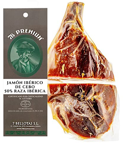 7B PREMIUM Jamon De Cebo 50% Raza Iberico Schinken | Hergestellt aus Korn gefütterten Iberischen Schweinen | Trocken gereifter spanischer Jamon Iberico Bellota | 36 Monate (Ohne Knochen + 1,0 Kg.)
