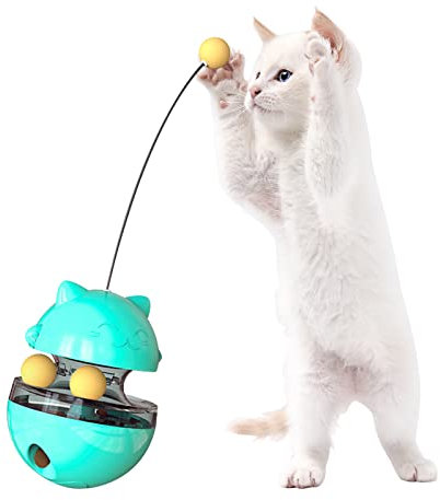 BEE&FLOWER Treat Dispenser Cat Tumbler Toy With Rotating Track Ball, Teaser With Hunting Ball and Wand, Food Dispenser for Slow Feeding