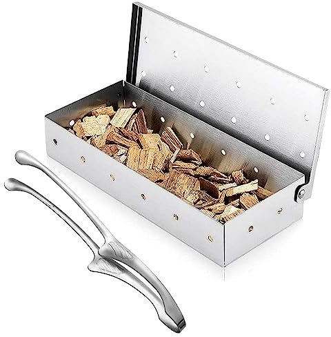 TINMIX Fumoir en acier inoxydable pour griller des copeaux de bois avec pince alimentaire - Chambre de fumée perforée - Accessoire de barbecue pour barbecue au charbon de bois / barbecue à gaz