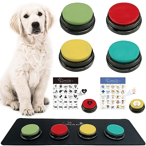 MMGGAISH 4 Boutons de Communication pour Chien, Boutons enregistrables, Boutons pour Chiens, 4 Boutons, 1 Tampon en Caoutchouc, 50 Autocollants, entraînez Votre Chien à Parler