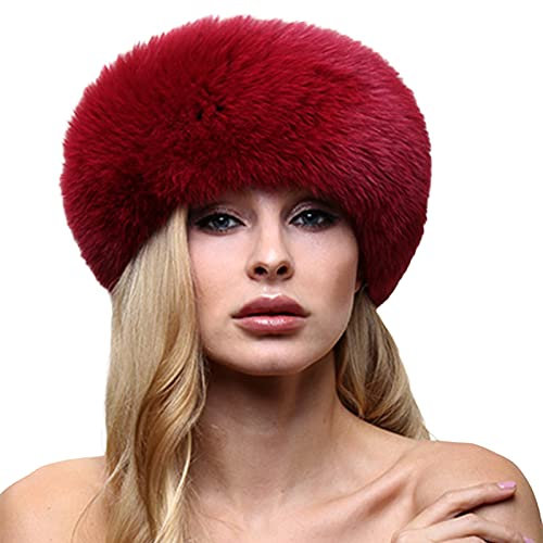 Miolasay Warme Kunstfell-Kappe für Damen, russisches rundes dickes Stirnband, Winter, Herbst, Skifahren, Kappe, flauschig, Ohrenschützer, Mütze, weinrot, Einheitsgröße