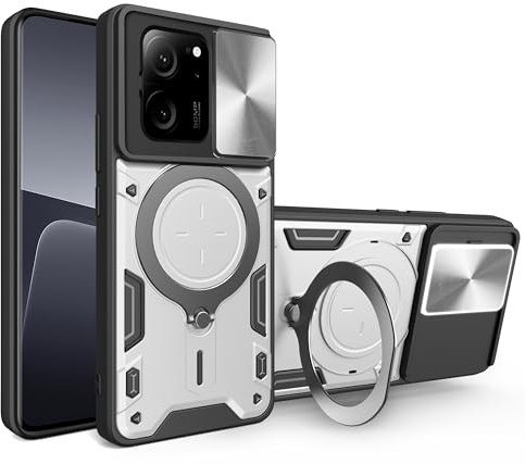 Colala Hülle für Xiaomi 13T/13T Pro Kameraschutz Handyhülle Magnetische Autohalterung 360° Halter Ständer Silikon Kameraschutz Schutzhülle 360 Metall Ring Halter Stoßfest Bumper Case,Silber