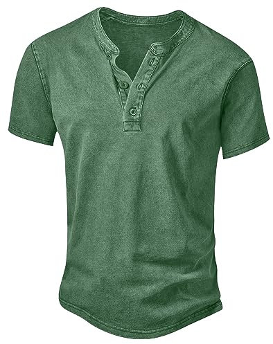 NITAGUT Men's Distressed Henley Shirts Vintage Short Sleeve T-Shirts Washed Cotton Casual V-Neck Button Tee Shirts,Army Green,S
