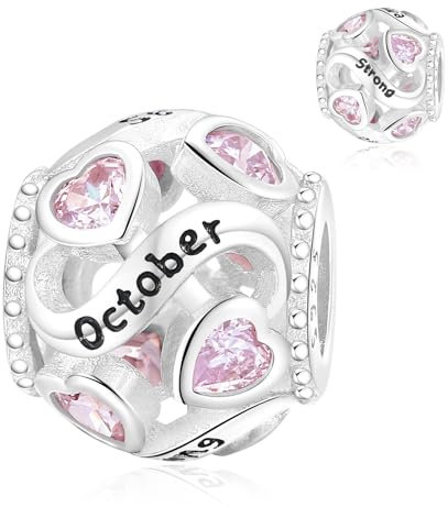 Symretie Charms Geburtsstein Oktober Anhänger Charm aus 925er Sterlingsilber,Offen Gearbeiteter Herz Perlen Geburtstagsgeschenke für Frauen