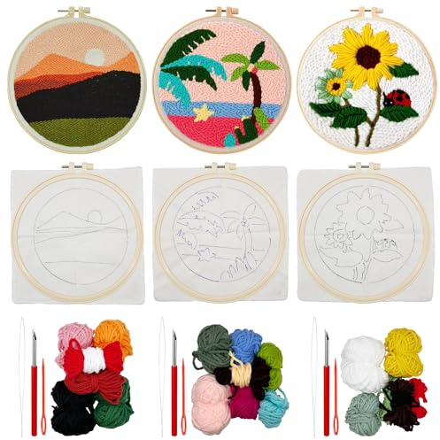 Allazone 3 Setzen Punch Needle Anfänger Stickerei Set, Punch Needle Set mit Stickrahmen zum Sticken für Kinder Erwachsene Basteln DIY Stanznadel Stickrahmen Kit (Kokosnussbaum)