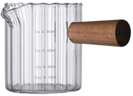 Single Spout Coffee Glass, Glass Measuring Cups with Spout, Measuring Cup with Wooden Handle, Italian Glass Coffee Measuring Cup, Vertical Pattern Milk Cup for Home Office(Cylinder-Transparent)