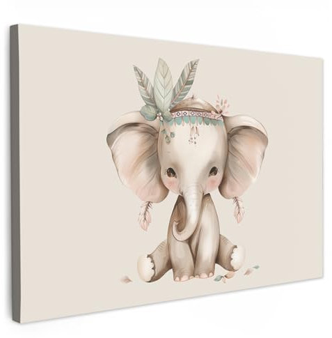 MuchoWow© Leinwandbild 120x80 cm Dekoration Kinderzimmer Bilder Pictures Wall Decoration Schlafzimmer Junge Wohnungs Deko Moderne Bild Bohemian - Elefant - Indianergewand - Kinder - Tiere