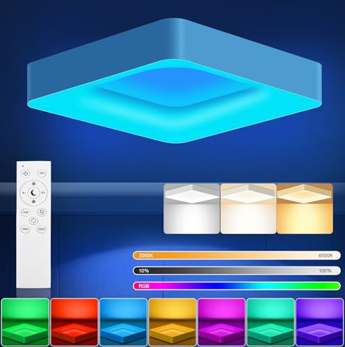 RDGOOD 24W RGB LED Deckenleuchte Dimmbar mit Fernbedienung, 2400LM LED Deckenlampe Dimmbar 3000K-6500K, RGB Farbwechsel Wohnzimmerleuchte für Schlafzimmer Kinderzimmer Küche Keller 28x28cm Eckig