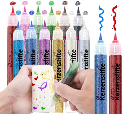 ALLAVA 12 Stück Kerzenstifte, Glitzerstifte 10ML, Kerzen Bemalen Set Wachsstifte für Kerzen, Candle Pen Kerzenfarbe KerzenpenIdeal zum Kerzen Dekorieren & Gestalten (Glitzernder Goldstaub)