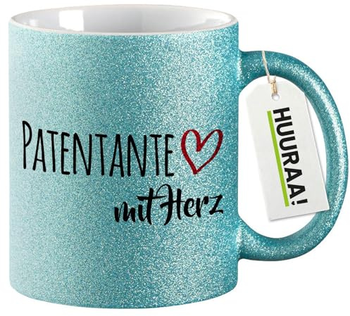 Huuraa Glitzertasse Patentante mit Herz Geschenk | Motivtasse 330ml Glitzer Tasse mit Spruch Blau Keramik Kaffeebecher Geschenkidee Blue Glitter Becher mit Motiv