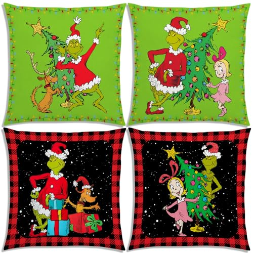 Merry Grinchmas Dekokissenbezüge, 45,7 x 45,7 cm, für Weihnachten, Winter, Urlaub, Party, Dekoration für Zuhause, Bett, Couch, Sofa, 4 Stück