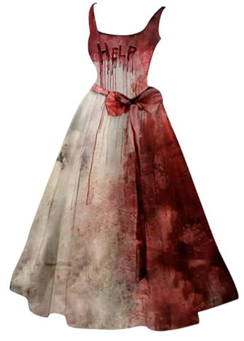 Adventskalender Männer, Halloween Kostüm Damen Gruselig Blutige Kostüm Brautkleid Zombie Braut Aufdruck Elegant Ärmellos Horror Halloween Kleid Fur Damen Faschingskostüme