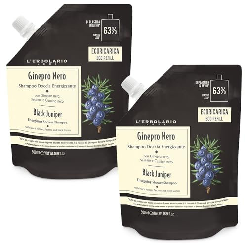2x Erbolario - Shampoo Doccia Energizzante GINEPRO NERO - EcoRicarica da 500 ml - 2 confezioni risparmio da 500 ml l'una - Confezione Risparmio ed Ecologica