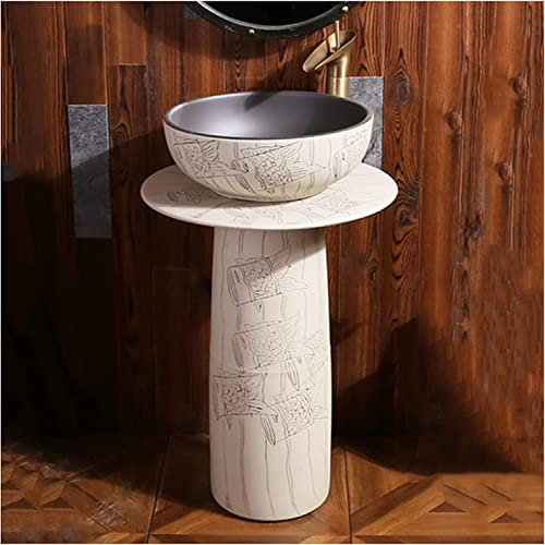 ASumPio Kunst-Badezimmer-Waschbecken Mit Vollem Sockel, Kunst-Badezimmer-Waschbecken, Aufsatzwaschbecken, Kombi-Toilettenbecken, Handgefertigt Mit Wasserhahn Und Abfluss,Beige-Without Mirror